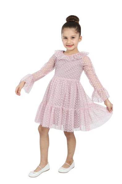 ÇocukYoluKids Puantiyeli Tüllü Pudra Kız Çocuk Elbise A1111141111016 - 4