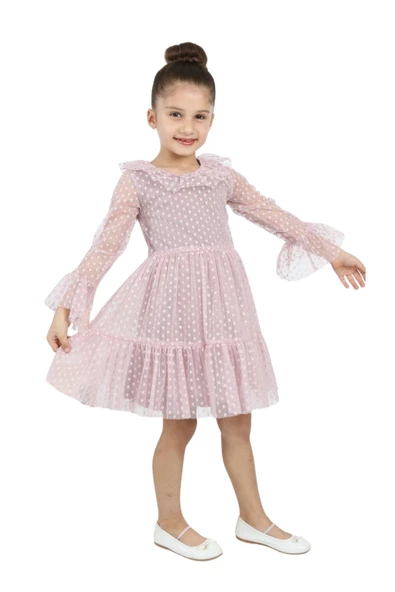 ÇocukYoluKids Puantiyeli Tüllü Pudra Kız Çocuk Elbise A1111141111016 - 3