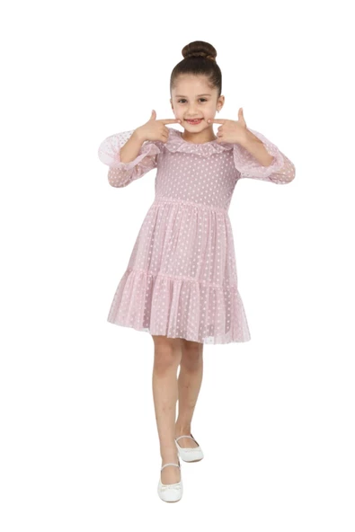 ÇocukYoluKids Puantiyeli Tüllü Pudra Kız Çocuk Elbise A1111141111016 - 5