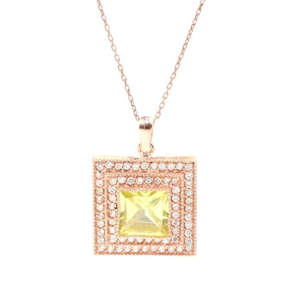 925 Ayar Gümüş Büyük Kare Peridot Rengi Taşlı Kolye ürün görseli 1