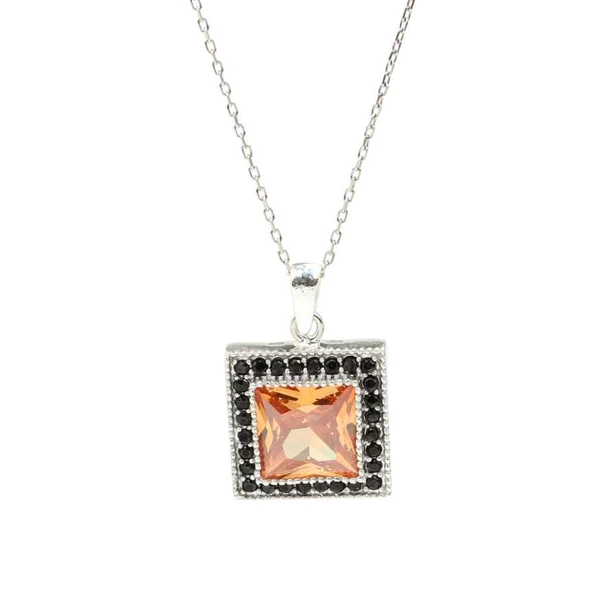 925 Ayar Gümüş Kare Turuncu Sitrin Taşlı Kolye - Resim 2
