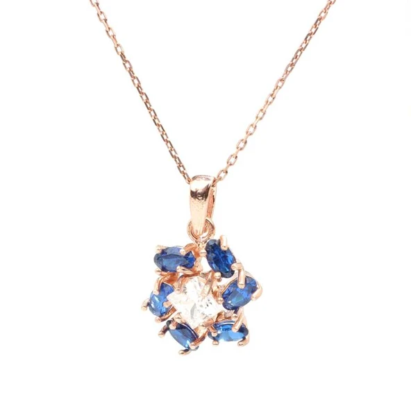 925 Ayar Gümüş Safir Taşlı Helezon Çiçekli Kolye ürün görseli