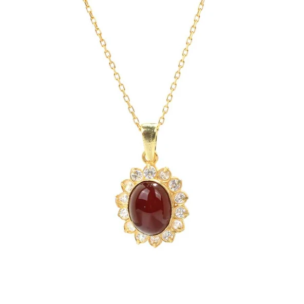 925 Ayar Gümüş Çiçek Tasarım Oval Akik Taşlı Kolye ürün görseli