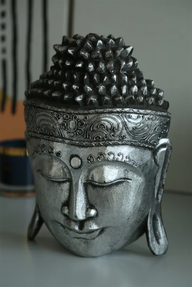 Gümüş Eskitme Görünümlü Buda Kafası / Askılı Duvar Dekoru - 30 cm