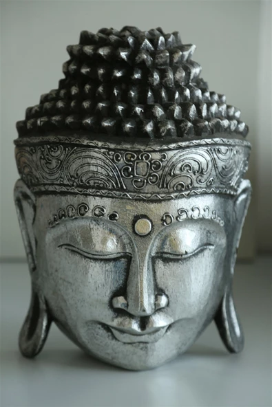 Gümüş Eskitme Görünümlü Buda Kafası / Askılı Duvar Dekoru - 30 cm - 2