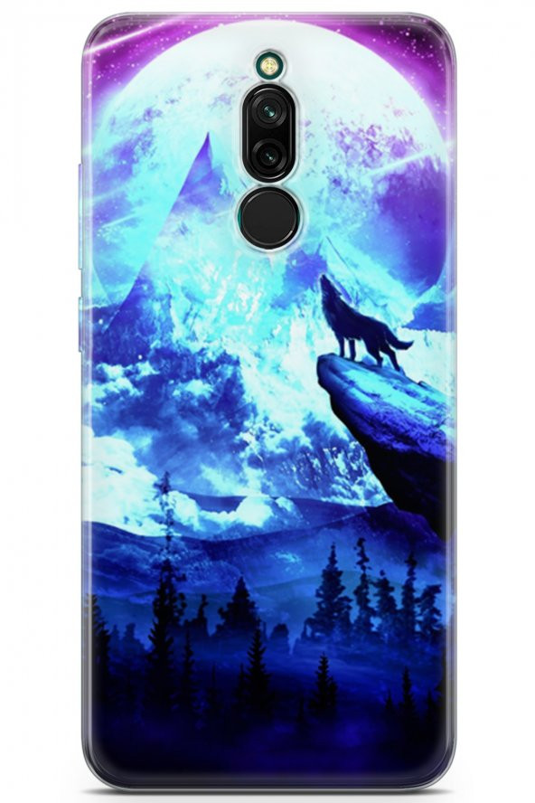 Xiaomi Redmi 8 Kılıf Seri Moon 23 Uluyan Kurt Telefon Kabı Açık Mavi