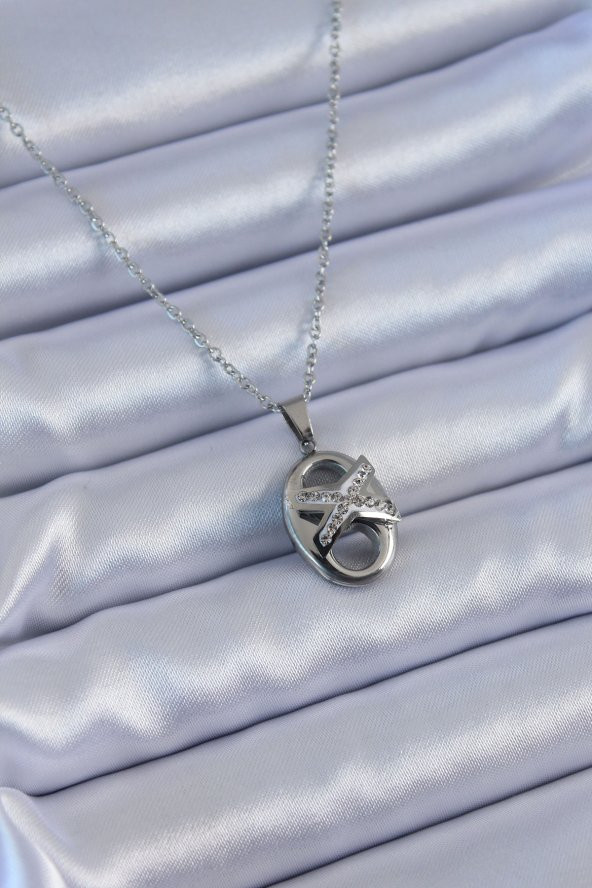 316L Çelik Gümüş Renk Zirkon Taşlı Kadın Kolye ürün görseli