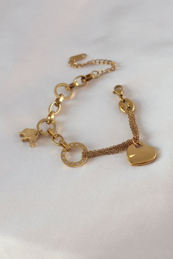 316L Çelik Gold Renk 2'li Zincir Model Zirkon Taş Detay Kadın Bileklik ürün görseli