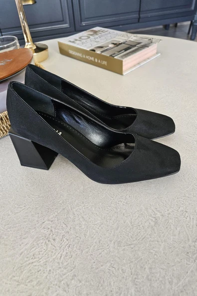 10 331 Topukla Kadın KlasikTopuklu Kare Küt Burun Ayakkabı - Resim 3