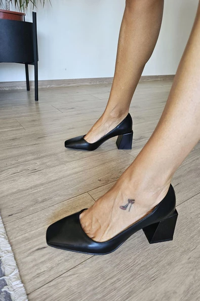 10 331 Topukla Kadın KlasikTopuklu Kare Küt Burun Ayakkabı - Resim 6