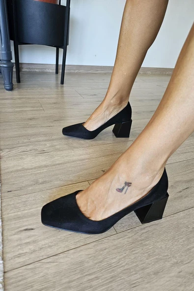 10 331 Topukla Kadın KlasikTopuklu Kare Küt Burun Ayakkabı - Resim 2