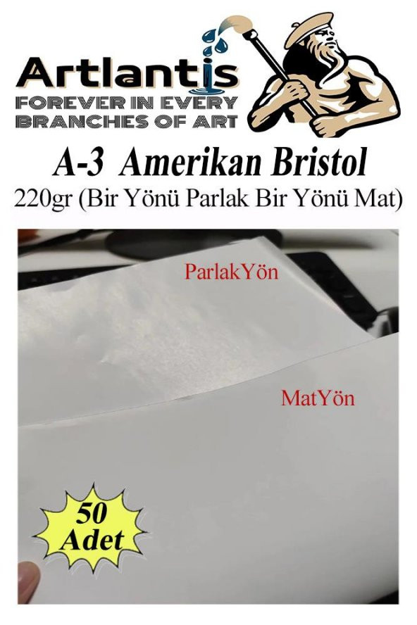 A3 Amerikan Bristol Karton 29.7x42 cm 50 Adet 220 gr Bir Tarafı Parlak Bir Tarafı Mat Kağıt Biristol Karton