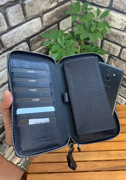Guard Çift Fermuarlı Lacivert Hakiki Deri El Çantası Erkek / Kadın P3031 - Resim 5