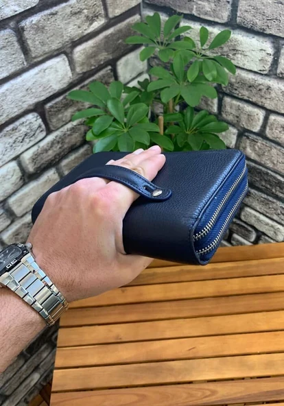 Guard Çift Fermuarlı Lacivert Hakiki Deri El Çantası Erkek / Kadın P3031 - Resim 8