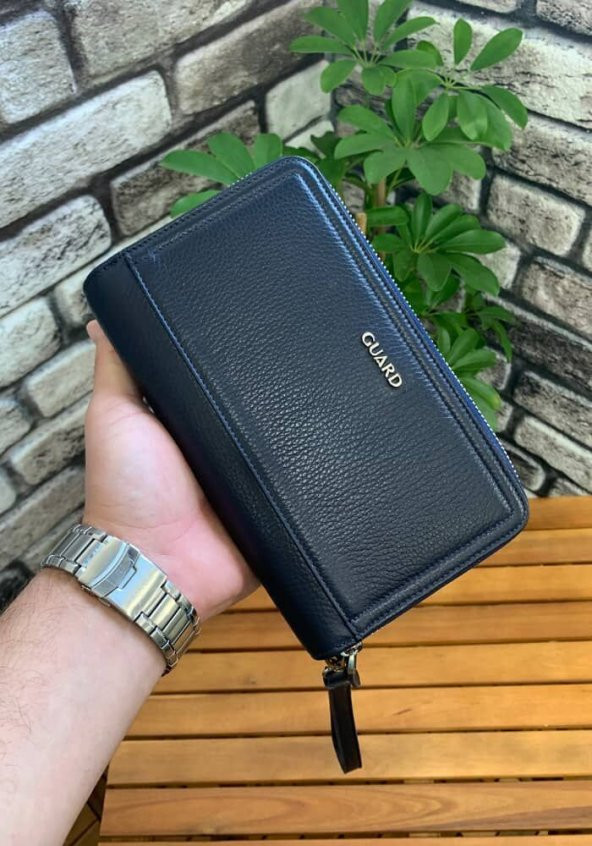 Guard Çift Fermuarlı Lacivert Hakiki Deri El Çantası Erkek / Kadın P3031 - 2