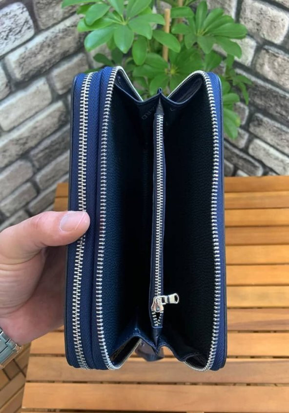 Guard Çift Fermuarlı Lacivert Hakiki Deri El Çantası Erkek / Kadın P3031 - 3