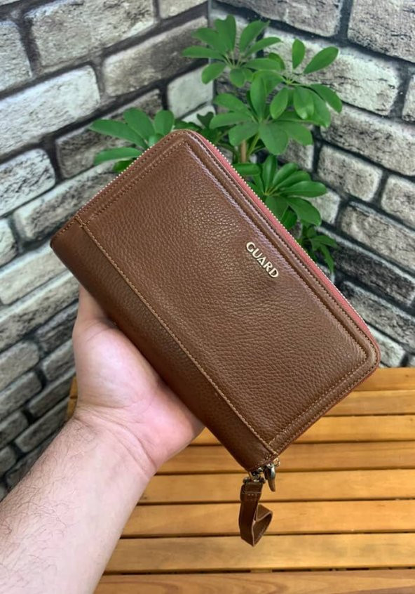 Guard Çift Fermuarlı Taba Hakiki Deri El Çantası Erkek / Kadın P3031 - 2