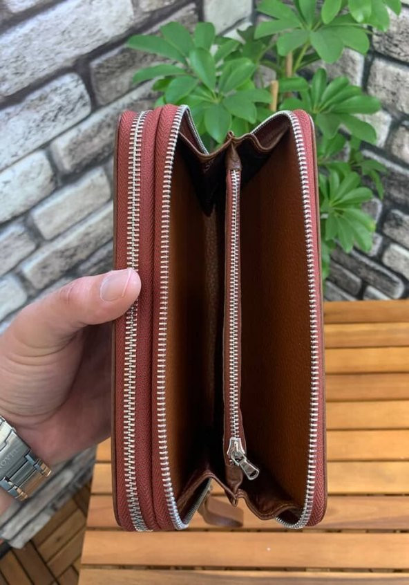 Guard Çift Fermuarlı Taba Hakiki Deri El Çantası Erkek / Kadın P3031 - 3