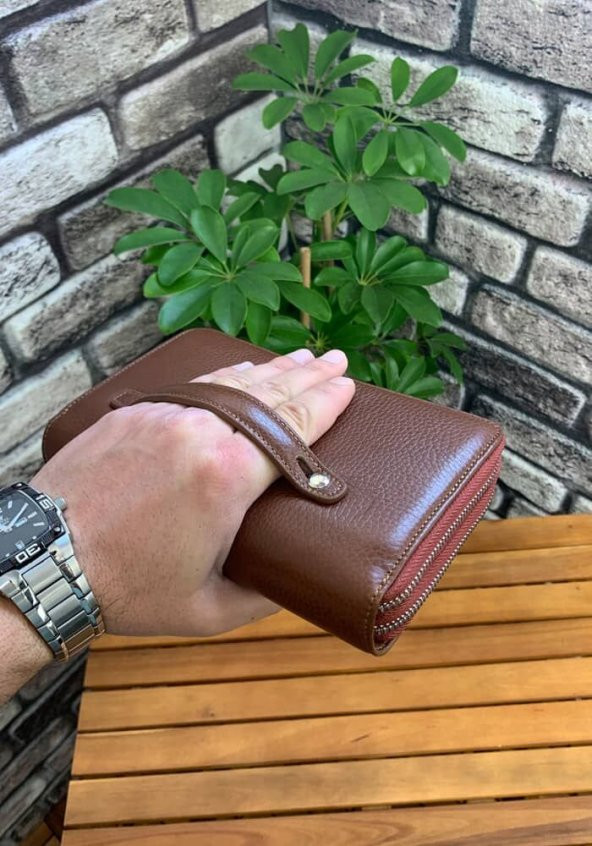Guard Çift Fermuarlı Taba Hakiki Deri El Çantası Erkek / Kadın P3031 - 4