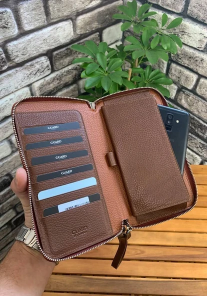 Guard Çift Fermuarlı Taba Hakiki Deri El Çantası Erkek / Kadın P3031 - Resim 5