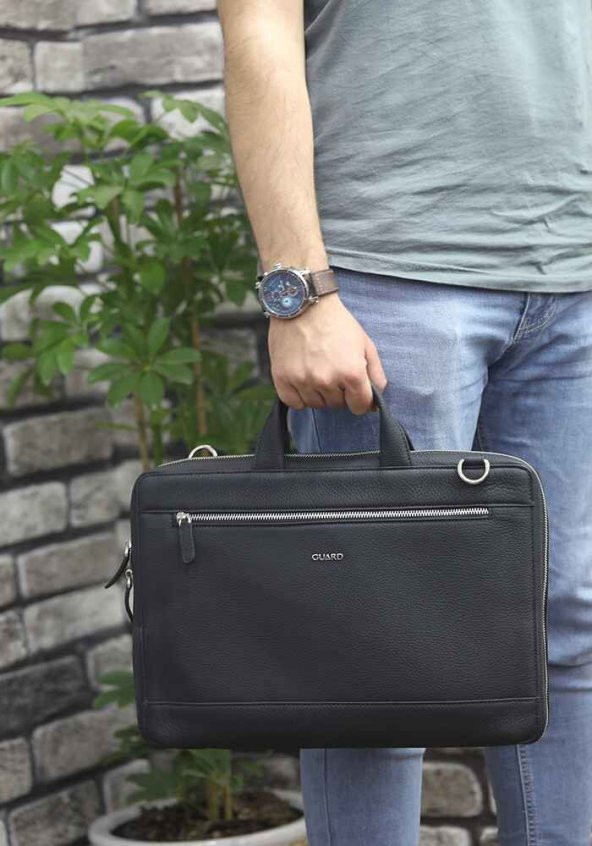 Guard Siyah Hakiki Deri Özel Üretim Laptop ve Evrak Çantası Erkek / Kadın P1796 - 2