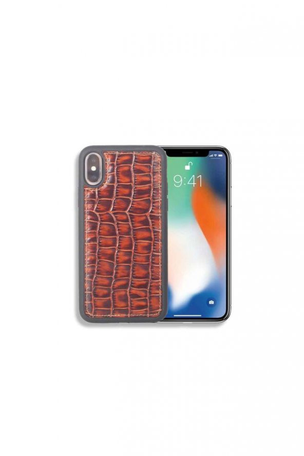 Guard Kahve Büyük Croco Desenli Hakiki Deri iPhone X  XS Kılıfı P1426