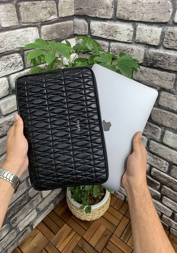 Guard Nakış Desenli Siyah Hakiki Deri Macbook Pro 13 inç Clutch Çanta Laptop Kılıfı Erkek / Kadın P1852