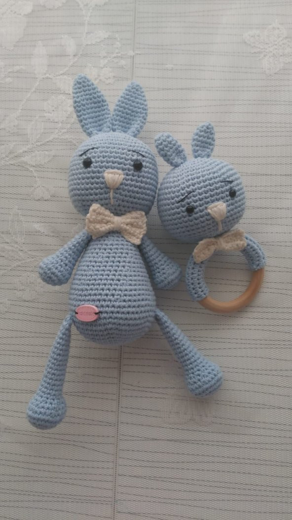 Sevimli Tavşan ve Çıngırak Amigurumi Organik Oyuncak