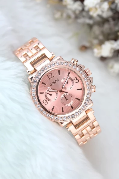 Rose Renk Metal Kordon Taşlı Kasa Bayan Clariss Saat - 3