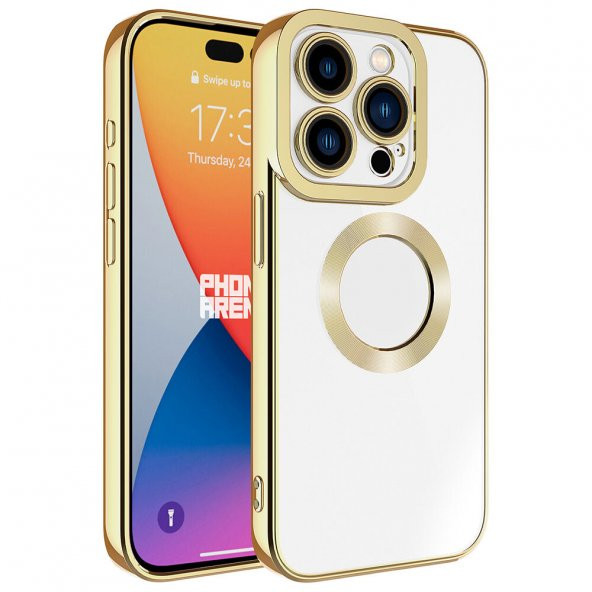 KNY Apple İphone 15 Pro Max Kılıf Kamera Korumalı Logo Açık Renkli Kenarlı Omega Silikon Gold