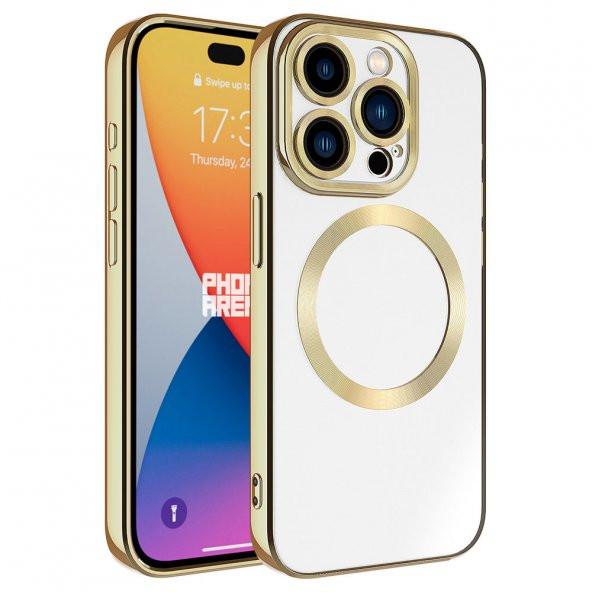 KNY Apple İphone 15 Pro Max Kılıf Kamera Korumalı Renkli Kenarlı Magsafeli Setro Kapak Gold