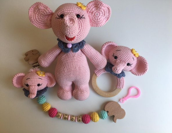 Şirin Fil Yeni Doğan Takımı Amigurumi Organik Oyuncak - 1