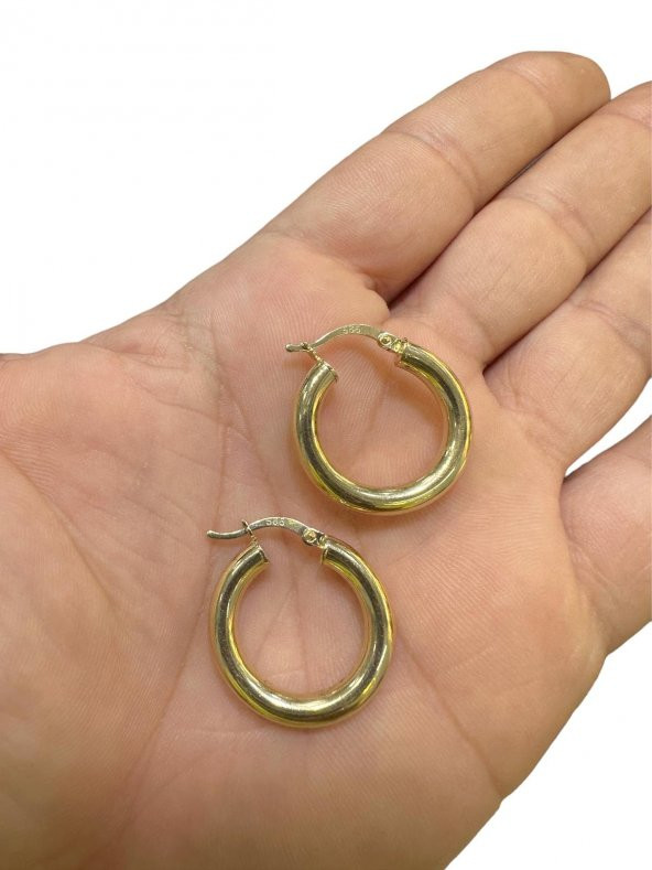 Taşsız Düz Kalın Şişik Günlük Altın Halka Küpe 14 Ayar 24 mm - 3