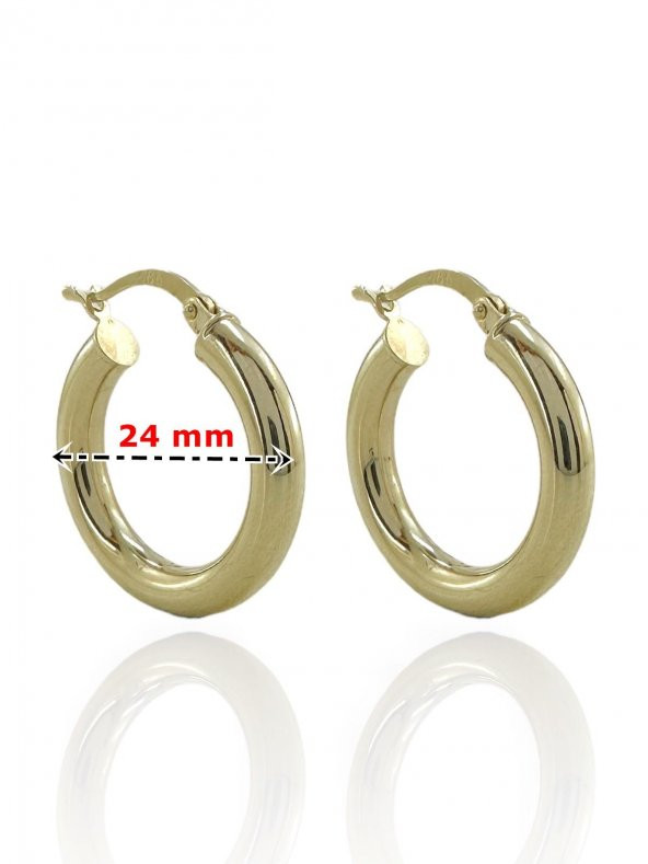 Taşsız Düz Kalın Şişik Günlük Altın Halka Küpe 14 Ayar 24 mm - 5