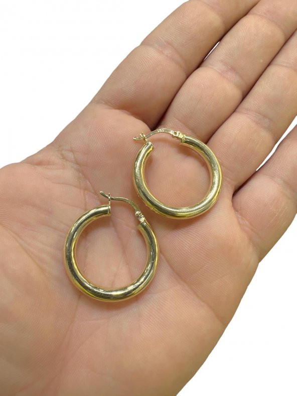 Taşsız Düz Kalın Şişik Günlük Altın Halka Küpe 14 Ayar 28 mm - 3
