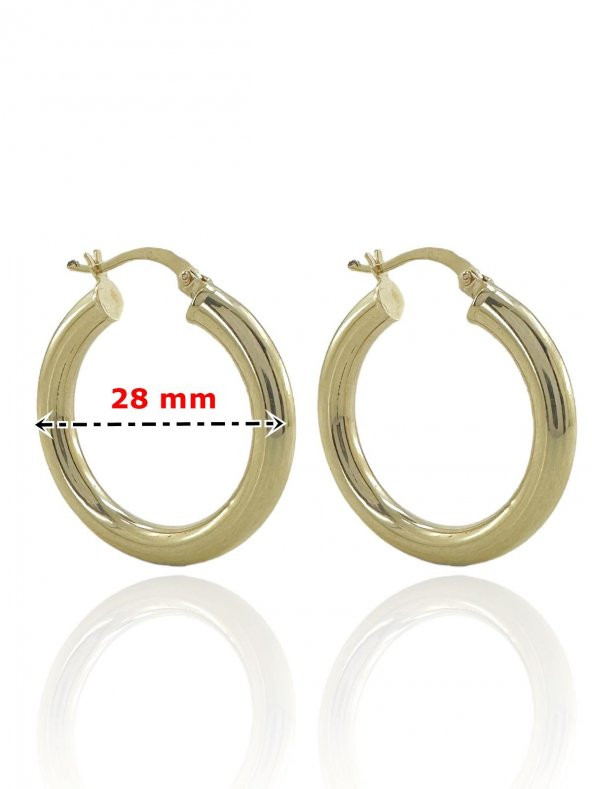 Taşsız Düz Kalın Şişik Günlük Altın Halka Küpe 14 Ayar 28 mm - 4