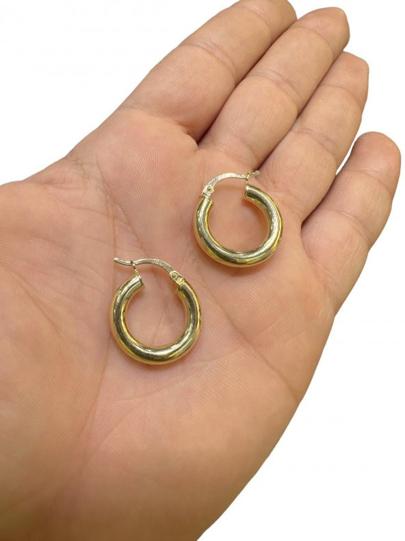 Taşsız Düz Kalın Şişik Günlük Altın Halka Küpe 14 Ayar 20 mm - 3