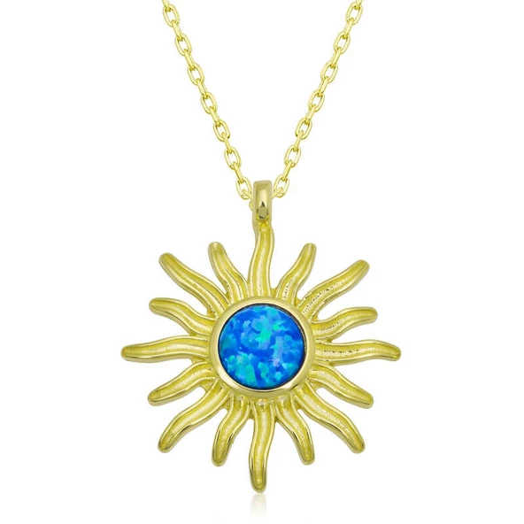 ​Gümüş Gold Mavi Opal Taşlı Güneş Kadın Kolye SL4809 ürün görseli