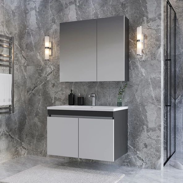 Teta Home Tokyo 80 CM Mdf Banyo Dolabı Seti  Antrasit-Beyaz