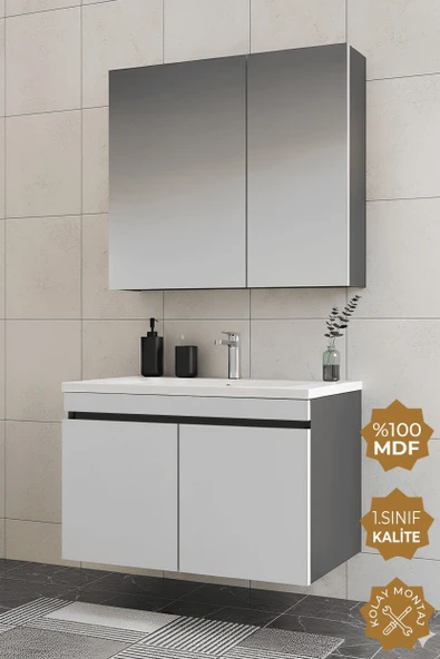 Teta Home Tokyo 80 CM Mdf Banyo Dolabı Seti  Antrasit-Beyaz ürün görseli