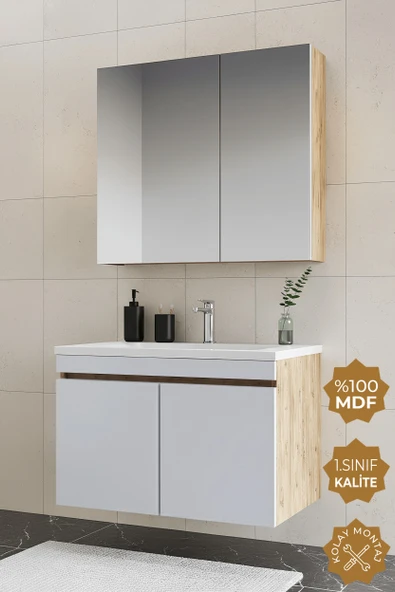 Teta Home Tokyo 80 CM Mdf Banyo Dolabı Seti  Atlantik Çam-Beyaz ürün görseli 1