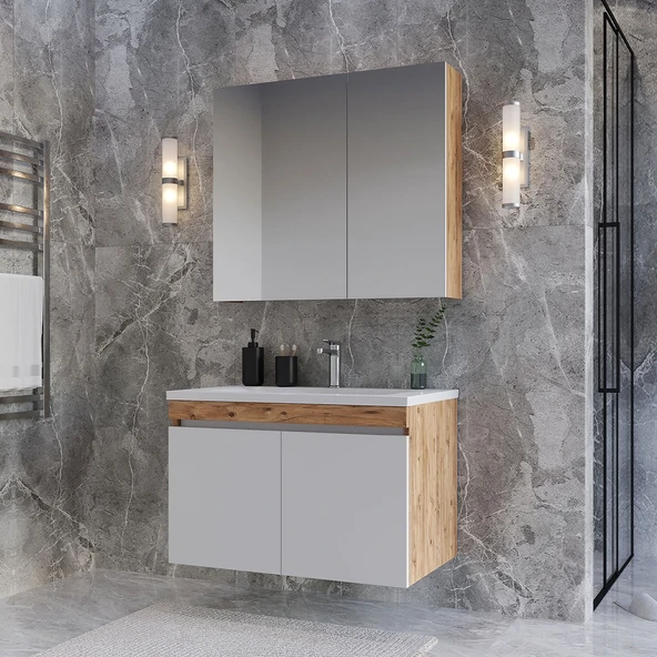 Teta Home Tokyo 80 CM Mdf Banyo Dolabı Seti  Atlantik Çam-Beyaz