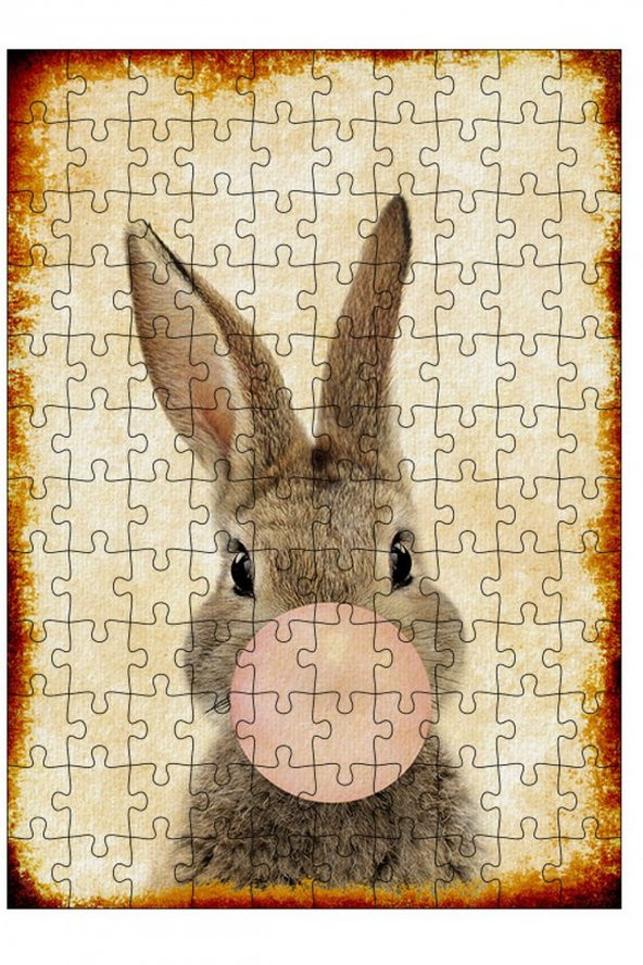 Bedeko Ahşap Mdf Puzzle 120 Parça 25 cm x 35 cm Yapboz Sakız Şişiren Tavşan