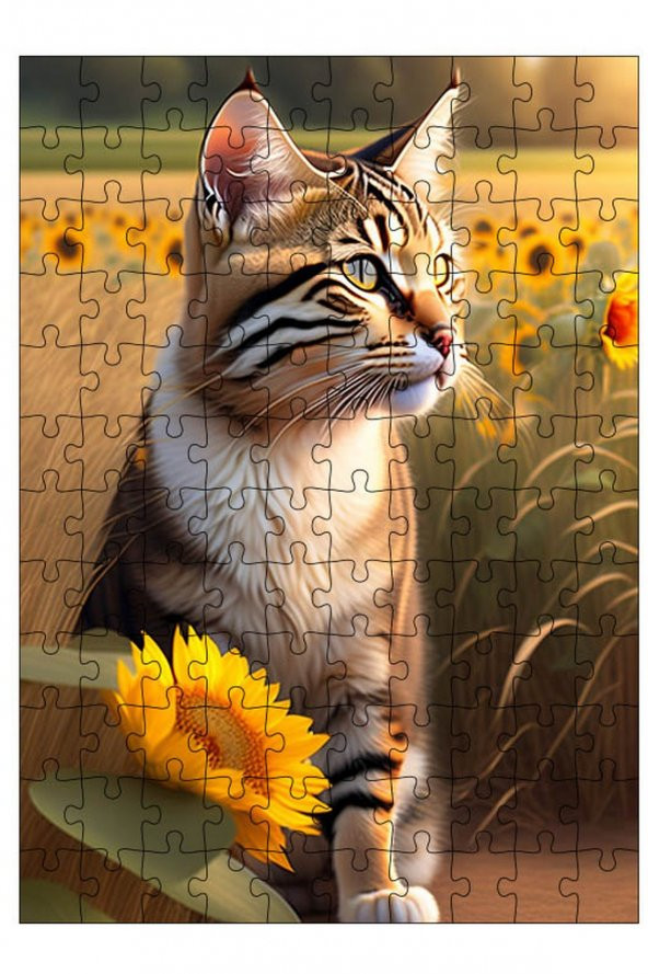 Bedeko Ahşap Mdf Puzzle 120 Parça 25 cm x 35 cm Yapboz Sarı Çiçek Ve Kedi