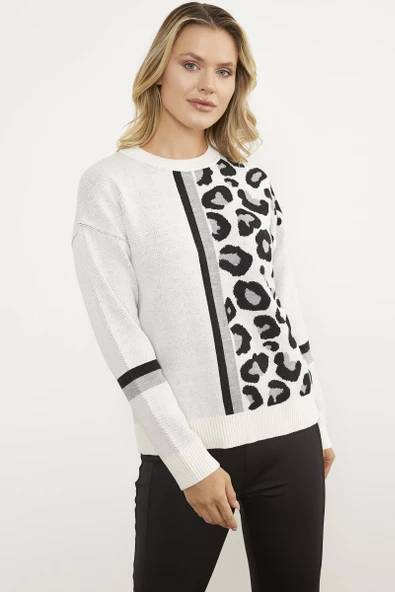 Renkli Leopar Kombinli Triko Kazak - Kemik - Resim 2