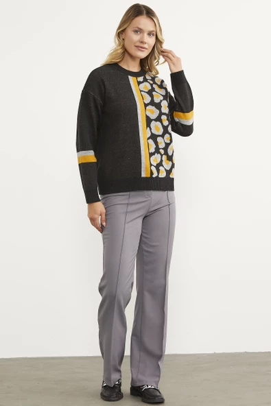 Renkli Leopar Kombinli Triko Kazak - Siyah - Resim 4