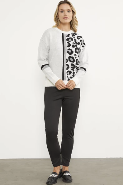 Renkli Leopar Kombinli Triko Kazak - Kemik - Resim 4