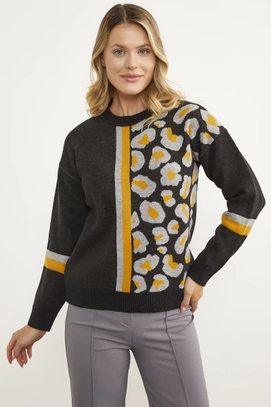 Renkli Leopar Kombinli Triko Kazak - Siyah - Resim 2