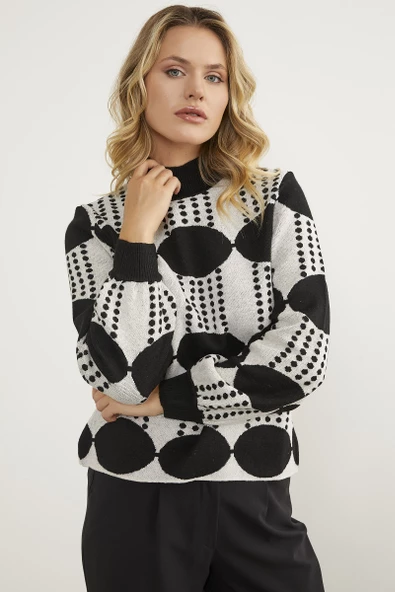 Yarım Balıkçı Çift Renk Triko Kazak - Siyah - Resim 2