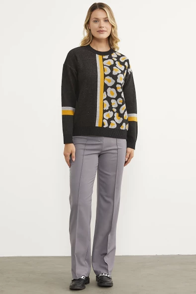 Renkli Leopar Kombinli Triko Kazak - Siyah - Resim 3